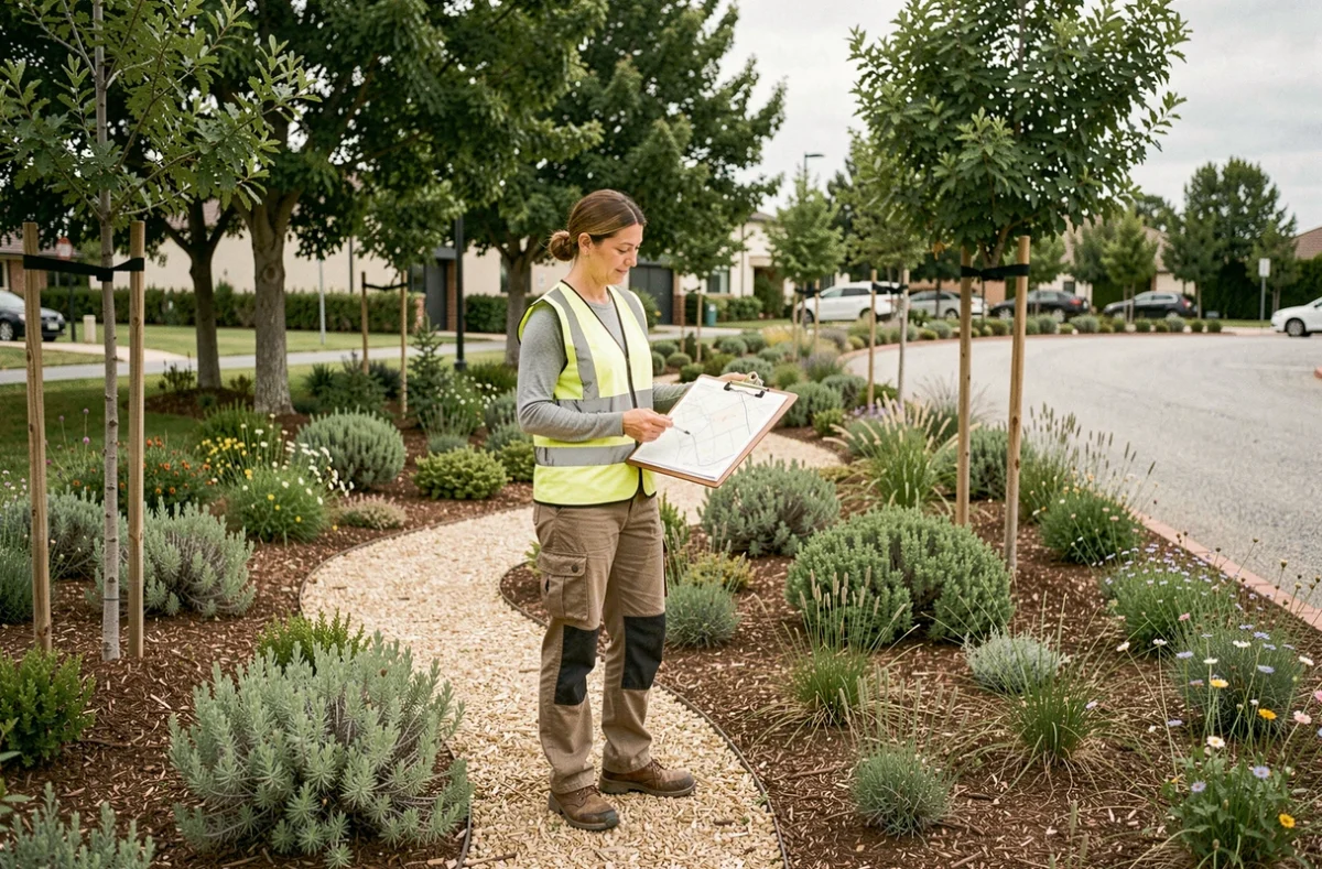 ABC Environnement SAS : ingénieure paysagiste sur un chantier d'aménagement écologique en espace vert commercial dans le Vaucluse