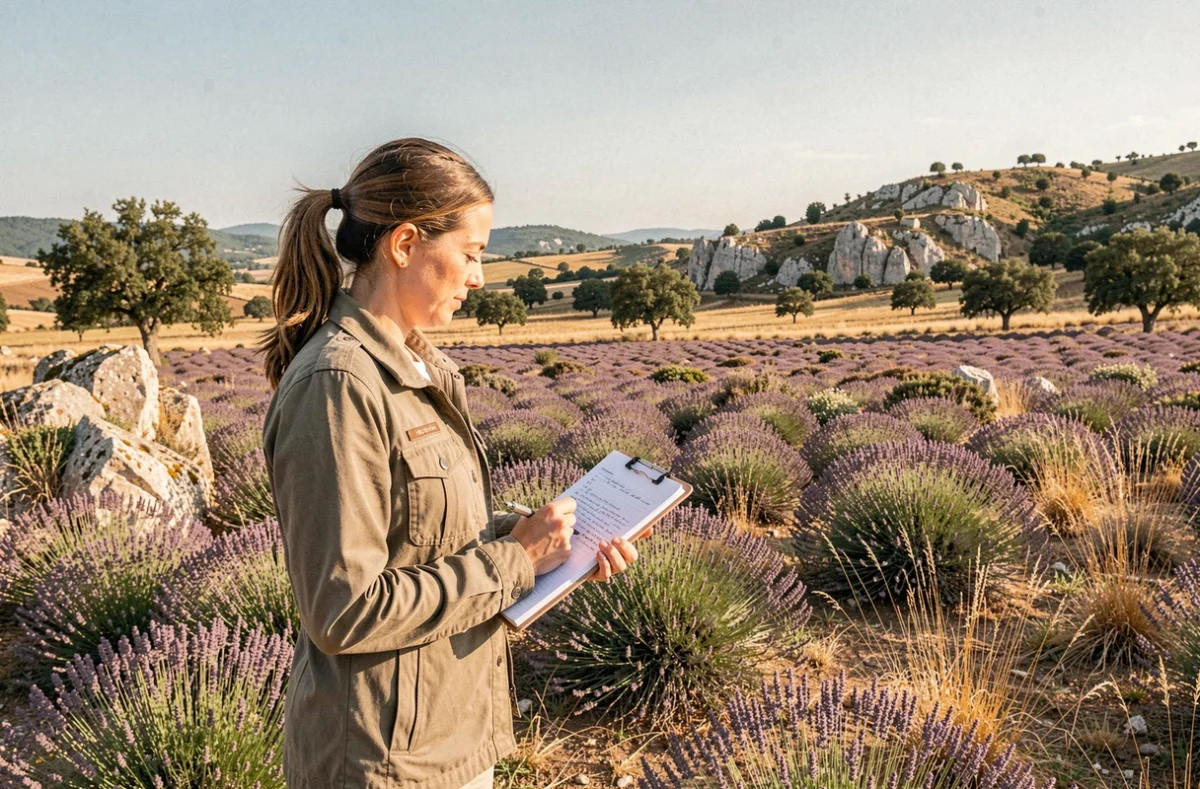 Consultante en paysage effectuant une analyse de terrain dans un paysage agricole de la Drôme avec lavande et collines calcaires