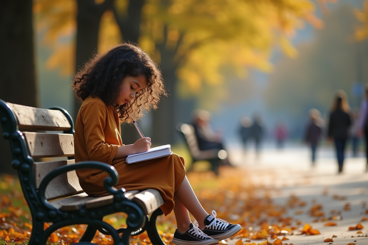 Adolescente écrivant dans un parc en automne