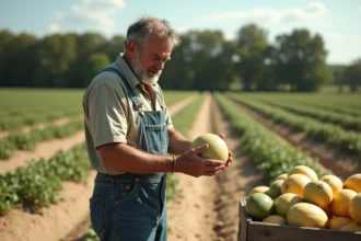 Agriculteur tenant un melon charentais mûr dans un champ de culture en France, illustrant l'importance de la taille du melon sur sa qualité gustative