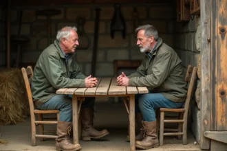 Deux agriculteurs discutant autour d'une table en bois dans une grange rustique, espace d'écoute entre pairs agriculteurs