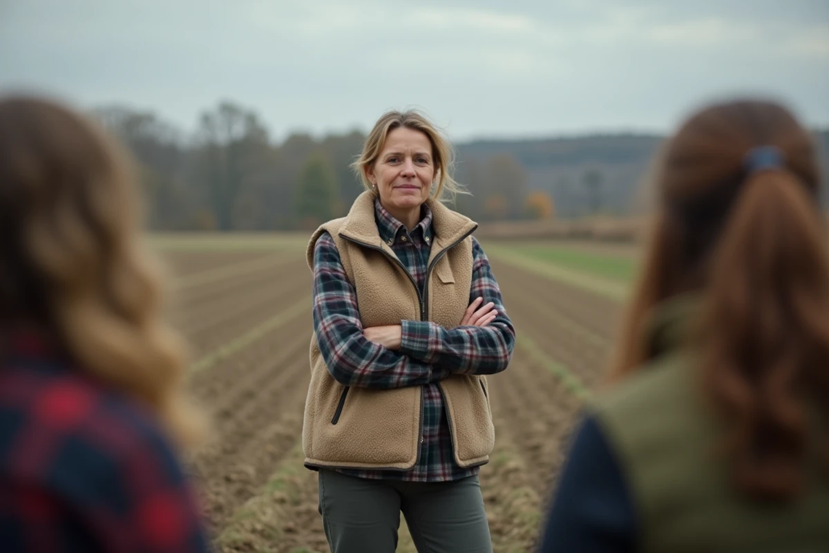Agricultrice écoutant ses pairs lors d'un rassemblement informel en plein champ, bien-être agricole et entraide rurale