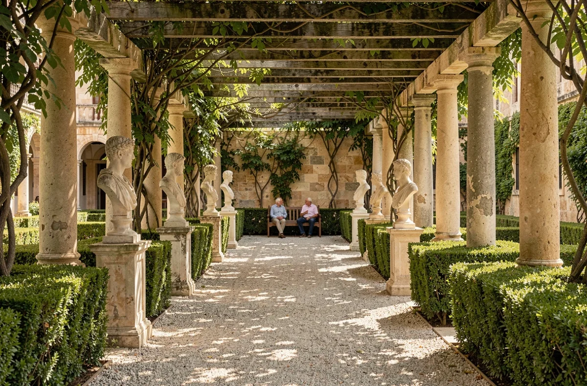 Allées intérieures des jardins Upper Barrakka à La Valette avec pergola en pierre colonnes et bustes historiques le long du chemin