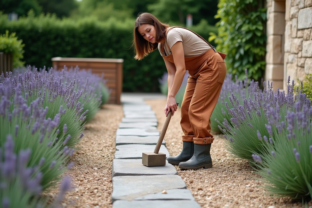 Femme installant des pavés en granit recyclé sur une allée de jardin durable