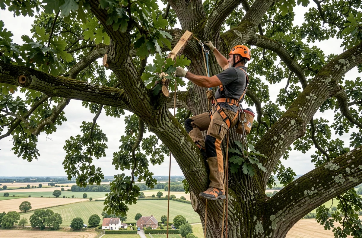 Arboriste d'Arbo-Tech 17 en intervention dans un grand chêne avec équipement professionnel de grimpe en Charente-Maritime