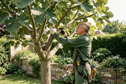 Arboriste professionnel en train d'élaguer un figuier mature dans un jardin résidentiel avec harnais de sécurité