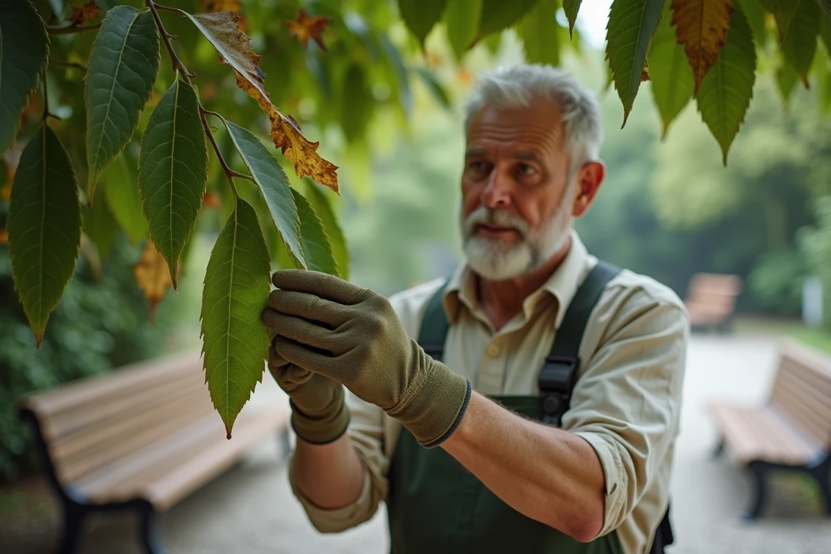 Arboriste examinant des feuilles malades d'un mûrier platane montrant des taches brunes et un dépôt blanchâtre fongique