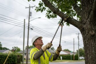 Arboriste professionnel en gilet haute visibilité taillant un grand chêne à proximité de lignes électriques dans une rue résidentielle