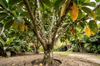Arbre goyave sans fruits dans un jardin tropical, feuilles légèrement jaunies et sol sec autour du tronc