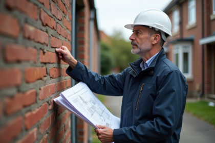 Architecte en casque pointant vers plans de construction