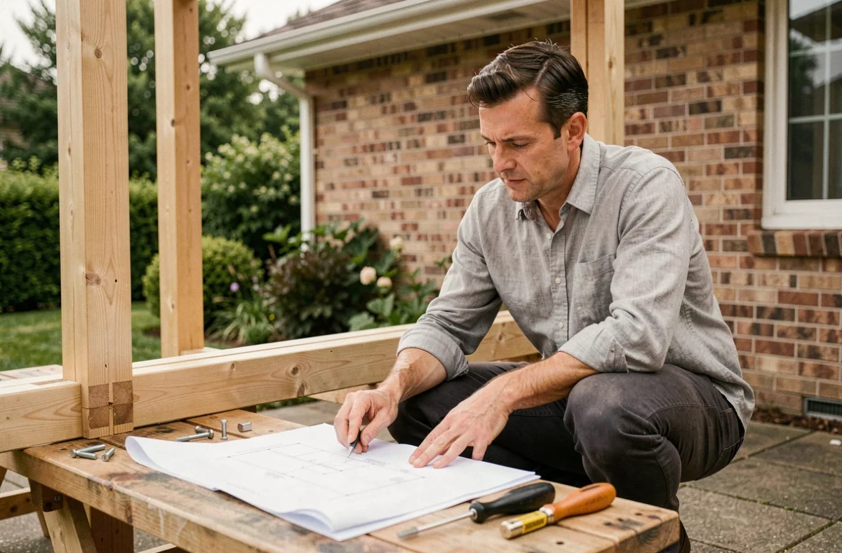 Architecte examinant les plans d'une pergola en bois en cours de construction sur une terrasse résidentielle avec poutres en bois brut