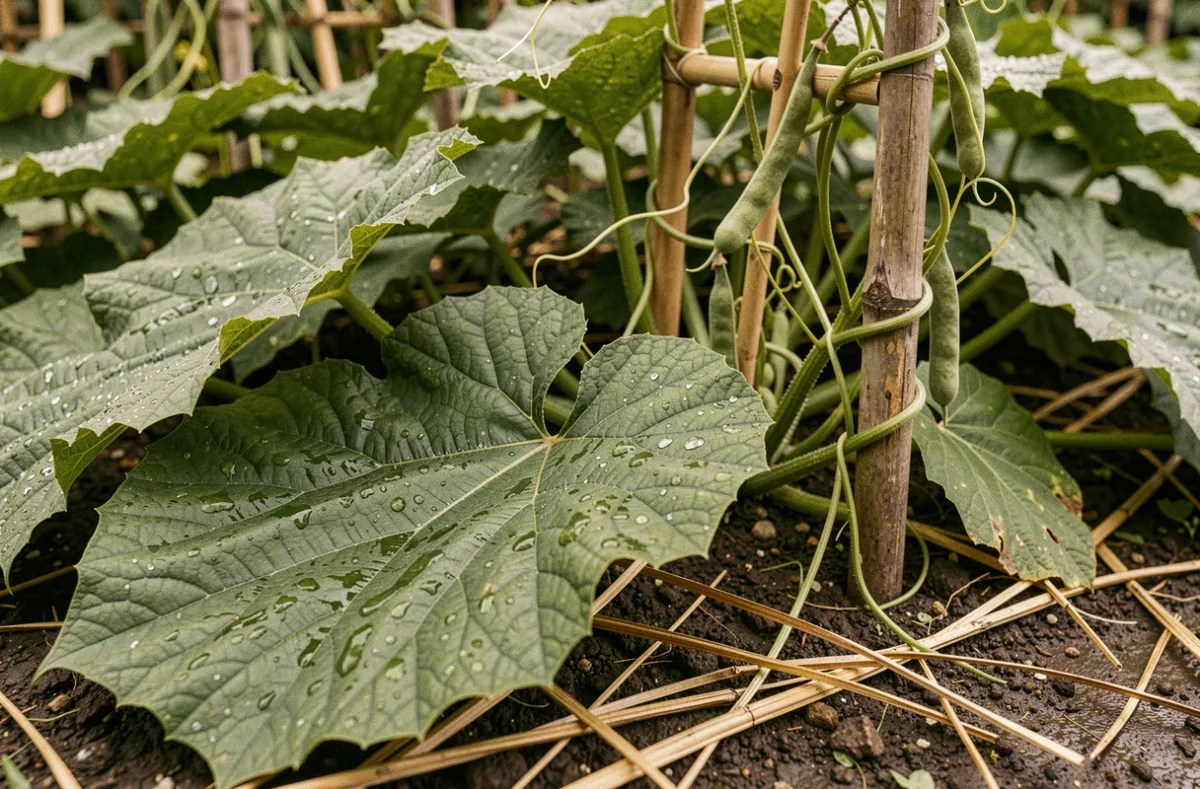 Feuilles de courge en paillis naturel associées aux haricots grimpants pour retenir l'humidité du sol