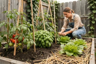 Potager en carrés avec association tomates, basilic et laitue pour limiter l'arrosage
