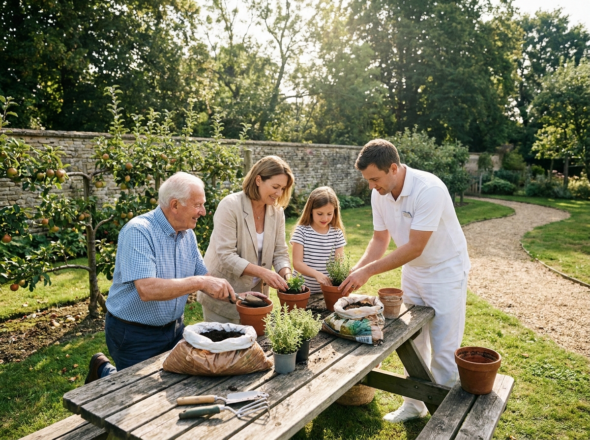 Un résident âgé, sa famille et un soignant partagent un atelier de jardinage autour d'une table en bois dans le jardin d'un EHPAD