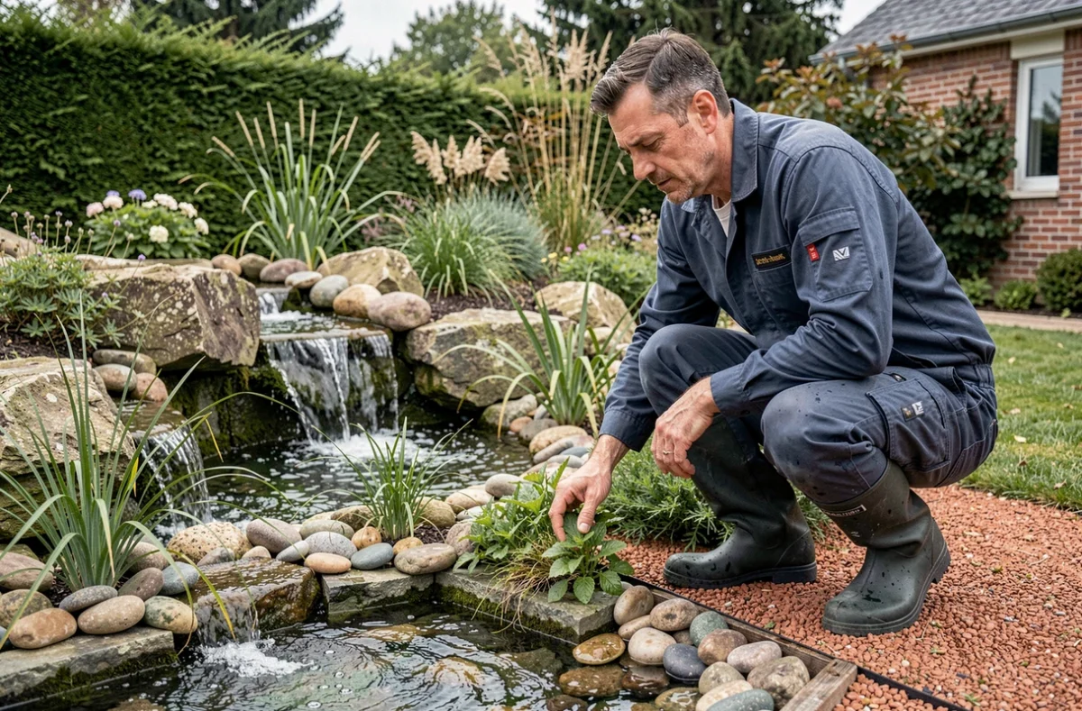 Paysagiste Au fil du paysage aménageant un ruisseau artificiel avec pierres et plantes aquatiques dans un jardin privé