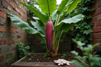 Bananier en fleur dans un petit jardin urbain avec une bractée rouge-violette et de grandes feuilles vertes bordées de planches en bois récupéré