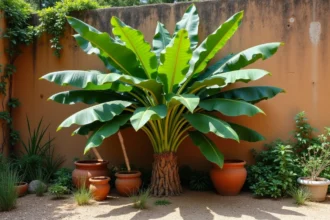 Bananier rustique aux grandes feuilles vertes poussant dans un jardin méditerranéen avec mur en pierre et sol terreux