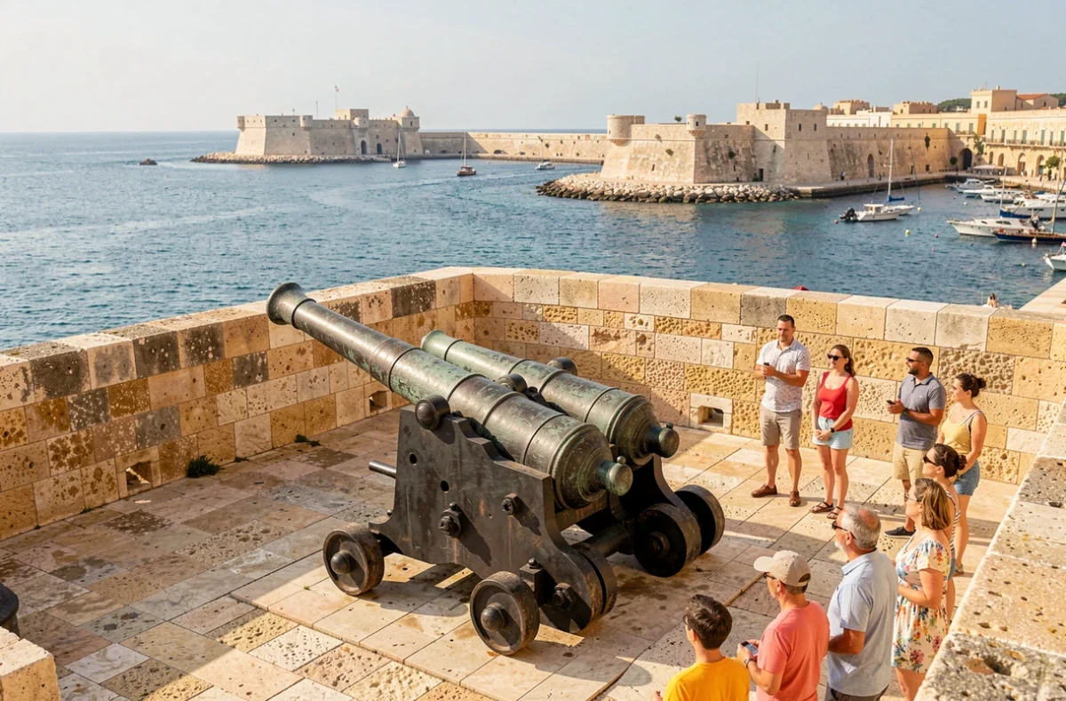 Canons historiques de la batterie de salve sous les jardins Barrakka à La Valette avec vue sur le port de Malte et Fort Saint-Ange