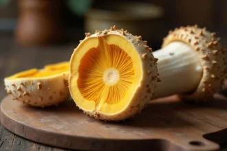 Coupe transversale d'un bolet à chair jaune posé sur une planche en bois, révélant la teinte jaune caractéristique de sa chair