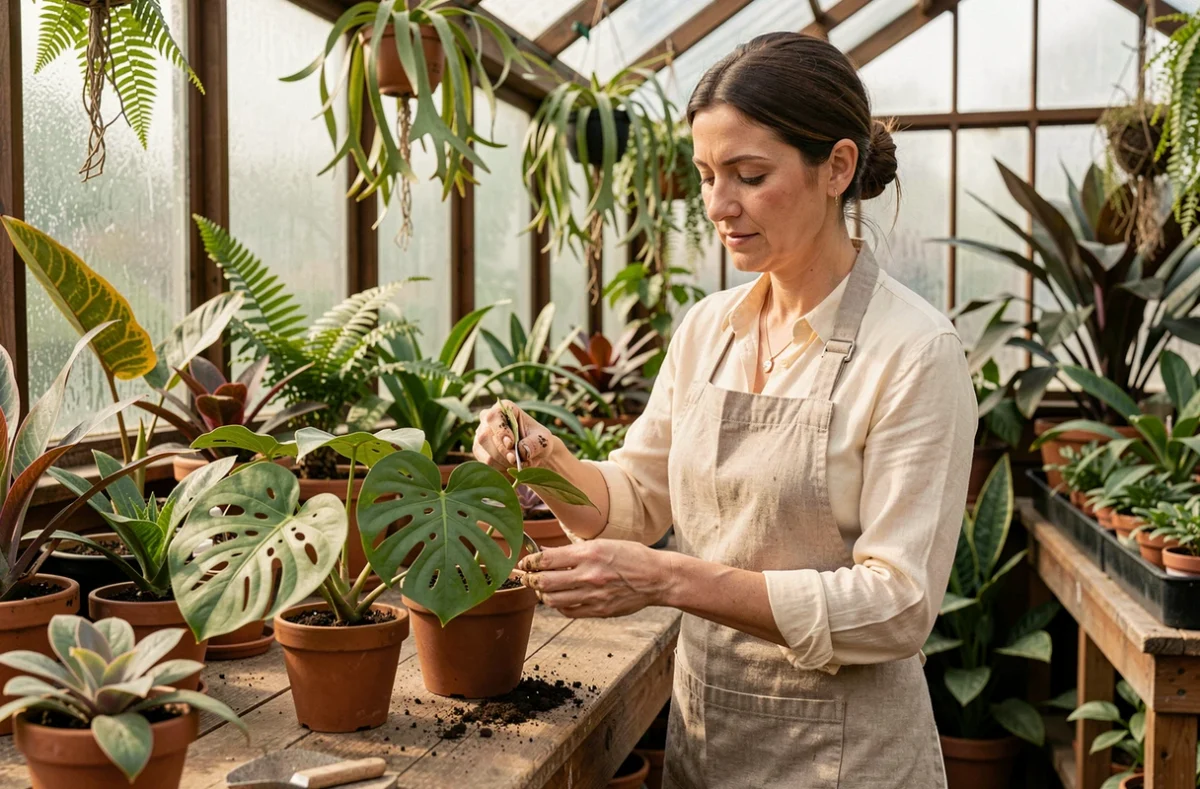 Botaniste femme examinant des plantes rares dont un Aeonium et un Monstera obliqua dans une serre victorienne aux vitres embuées