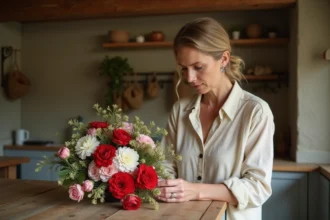 Femme arrangeant un bouquet d'œillets rouges, blancs et roses sur une table en bois rustique dans une cuisine de campagne française