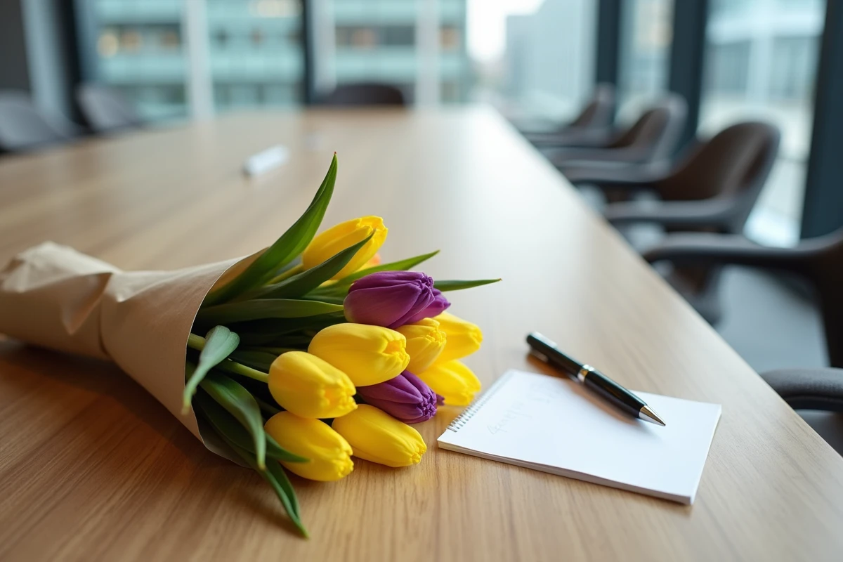Bouquet de tulipes jaunes et violettes posé sur une table de réunion avec une carte manuscrite et un stylo élégant