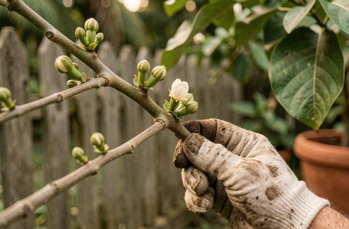 Gros plan sur des boutons floraux non fructifiés d'un goyavier, main de jardinier inspectant les branches