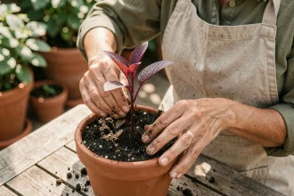 Mains de jardinière pressant une bouture de sauge rouge dans un pot en terre cuite sur une table de jardin en bois