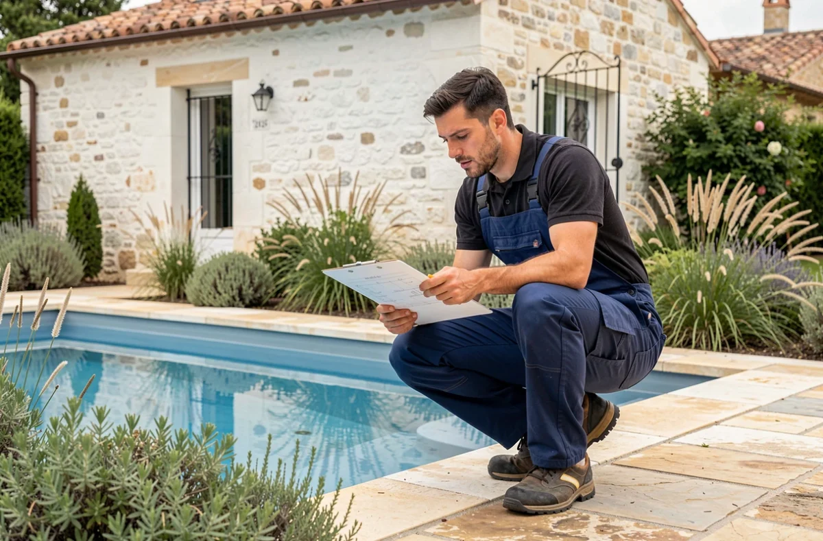 Boyer Jardin et Piscine : paysagiste inspectant l'aménagement d'une piscine et d'un jardin méditerranéen en Vaucluse