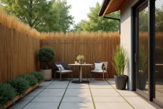 Brise vue en bambou installé sur une clôture de jardin extérieur avec table et chaises en arrière-plan