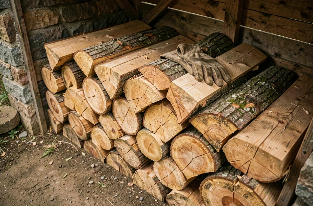 Bûches de bois d'élagage fendu et empilé dans un abri en pierre pour servir de bois de chauffage