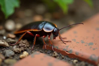 Gros plan d'un cafard de jardin brun foncé sur une dalle de terrasse en terre cuite entourée de feuilles mortes et de sol humide