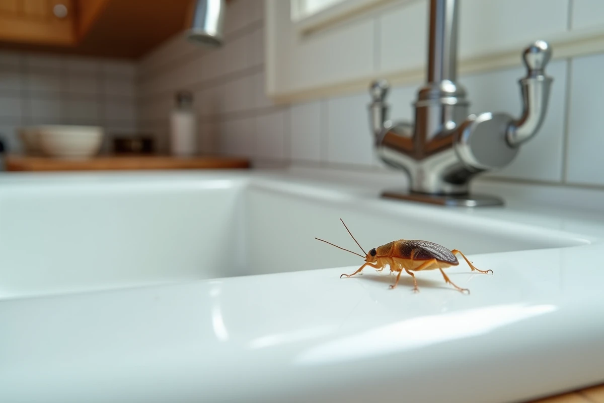 Cafard de maison brun clair traversant le rebord d'un évier de cuisine en céramique blanche avec robinet en inox visible en arrière-plan