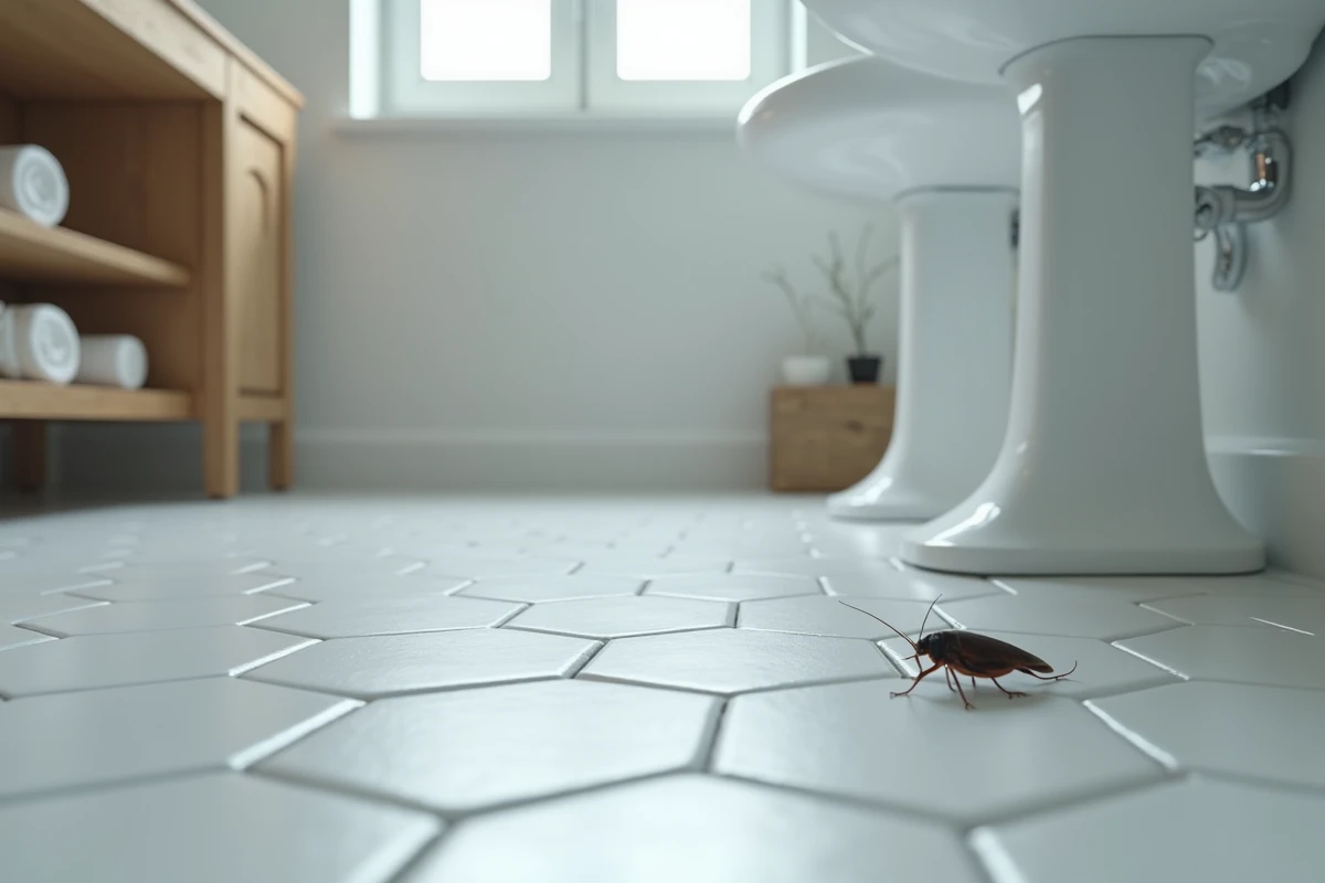 Vue large d'une salle de bains moderne avec un cafard visible près du pied d'un lavabo sur colonne et un carrelage blanc hexagonal au sol