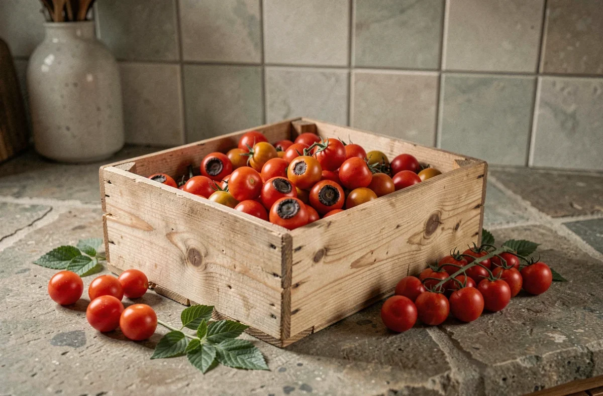 Caisse de tomates cerises récoltées avec des taches noires apicales posée sur un plan de travail en pierre