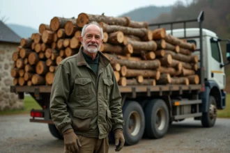 Homme debout à côté d'un camion chargé de bois de chauffage en grume dans une cour de ferme rurale française