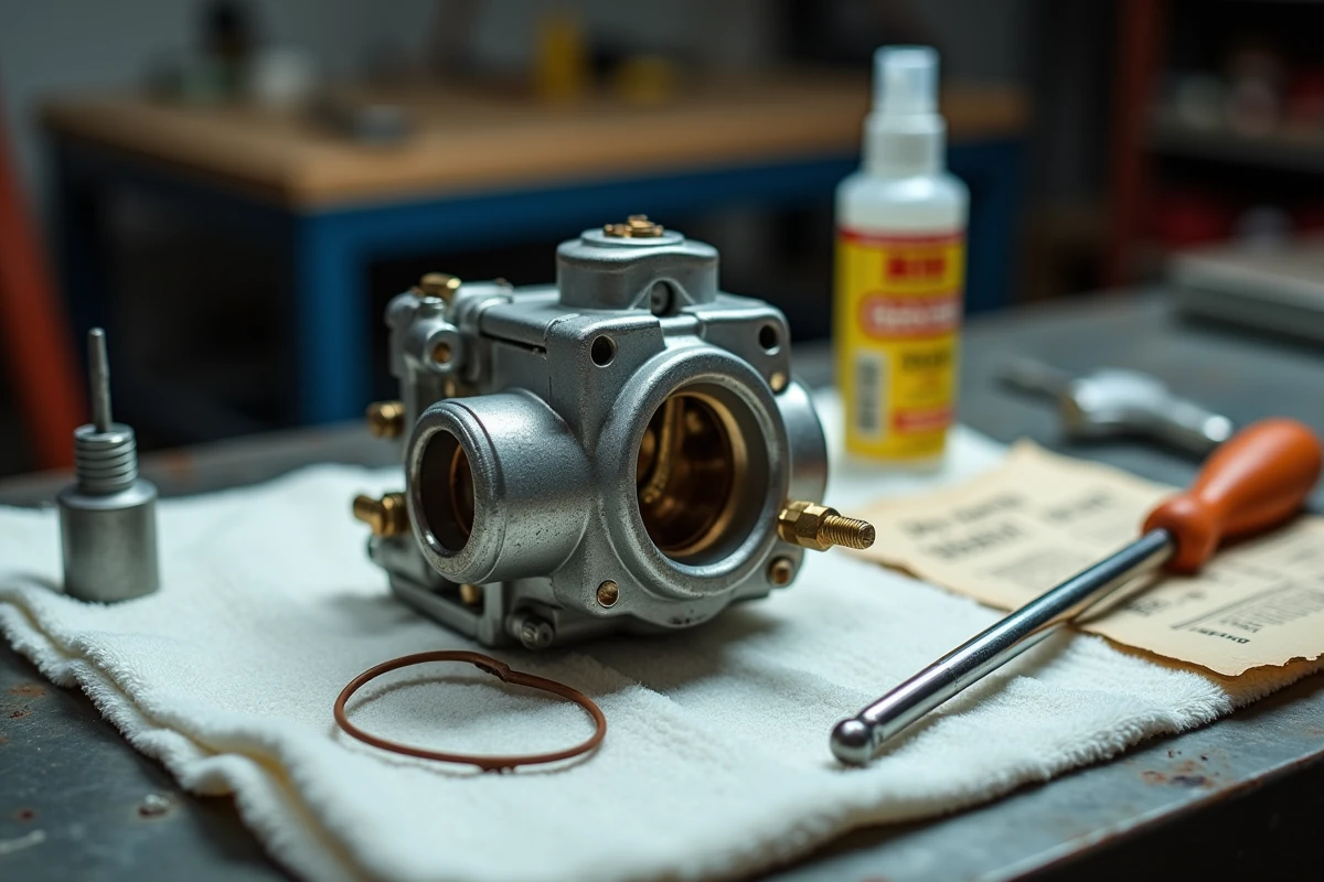 Gros plan d'un carburateur de tondeuse démonté sur un établi avec outils de nettoyage, montrant les pièces internes à entretenir avec le bon carburant