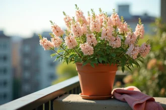 Chamelaucium uncinatum en fleurs cultivé en pot de terre cuite sur un balcon, avec ses fleurs blanches et roses délicates