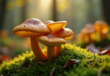 Champignons chanterelles parmi la mousse verte en jardin