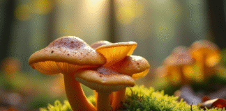 Champignons chanterelles parmi la mousse verte en jardin