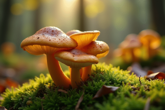 Champignons chanterelles parmi la mousse verte en jardin