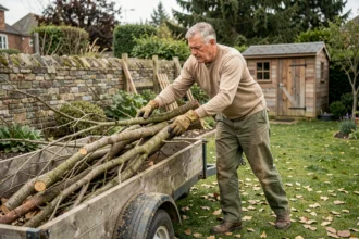 Homme chargeant des branches d'élagage sur une remorque en bois dans un jardin après une taille d'arbres