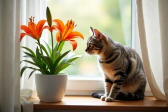 Chat tigré adulte reniflant un lys oriental orange en pot sur un rebord de fenêtre, illustrant les risques de toxicité pour les félins
