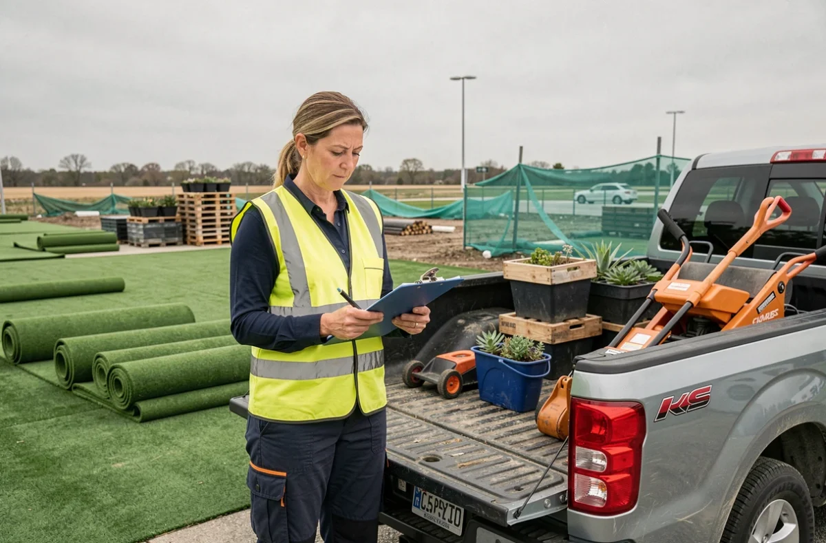 Chef d'équipe paysagiste supervisant un chantier d'aménagement paysager avec clipboard et gilet de sécurité
