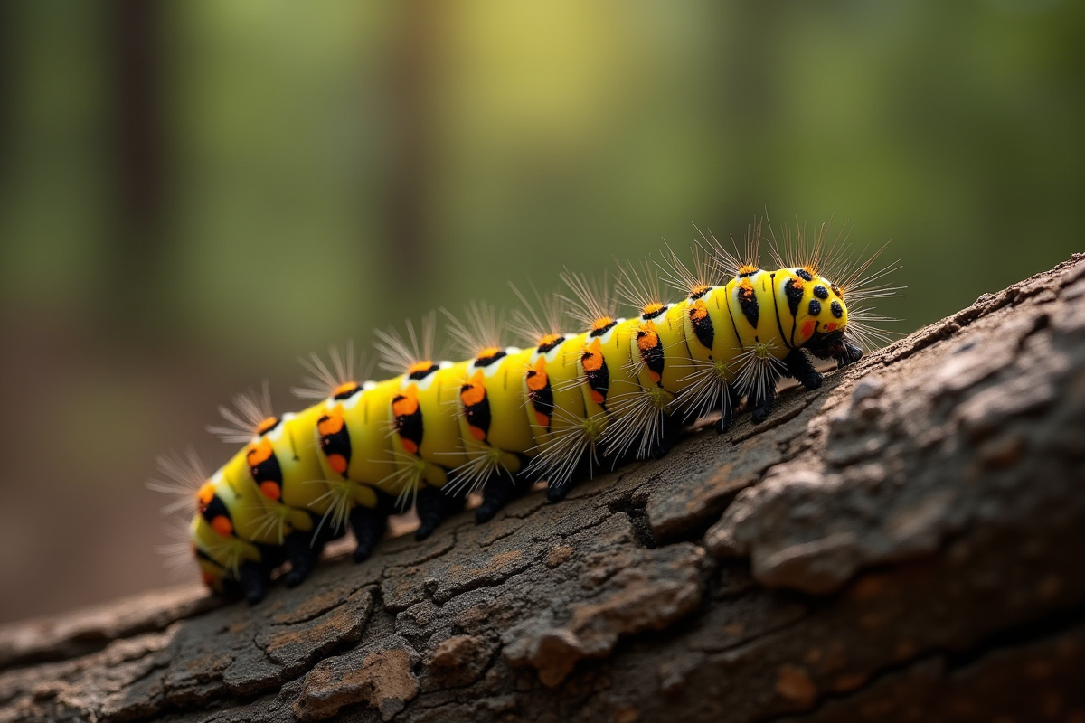 Chenille jaune et noire sur l