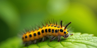 Chenille jaune et noire sur une feuille verte fraîche