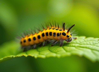 Chenille jaune et noire sur une feuille verte fraîche