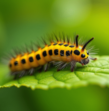 Chenille de couleur jaune et noire : Identifier l’espèce et s’en défaire sans risque Chenille jaune et noire sur une feuille verte fraîche