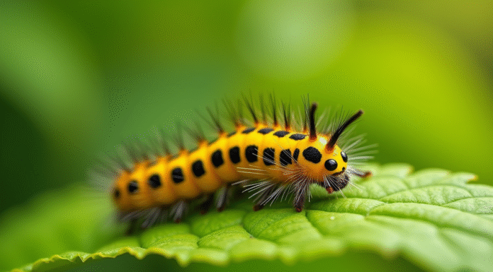 Chenille jaune et noire sur une feuille verte fraîche