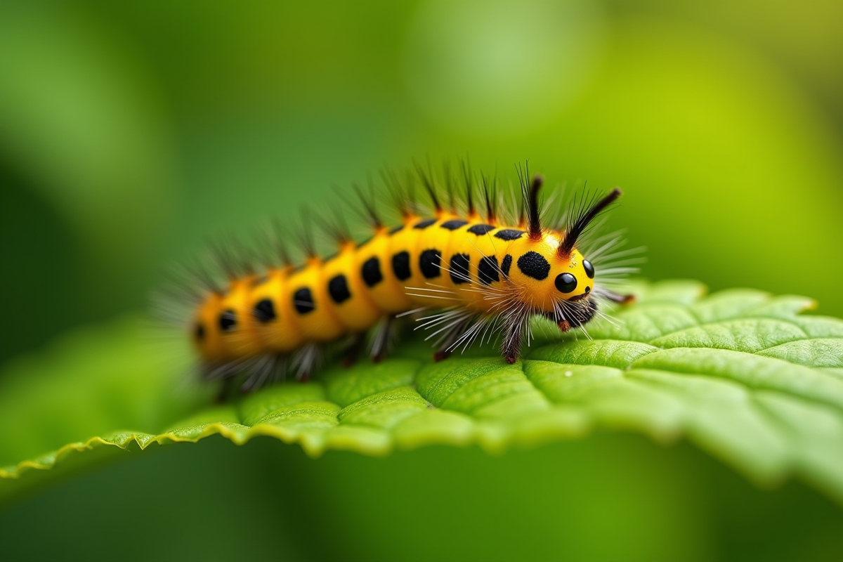 Chenille jaune et noire sur une feuille verte fraîche